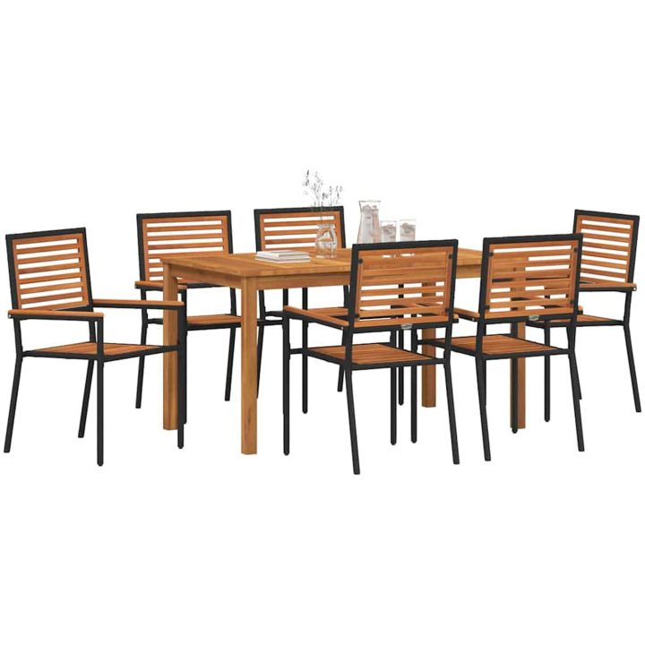 Trädgårdsmatbord Set 7 pcs Svart Metall, trä vidaXL 140 x 80 x 74 cm – bild 3