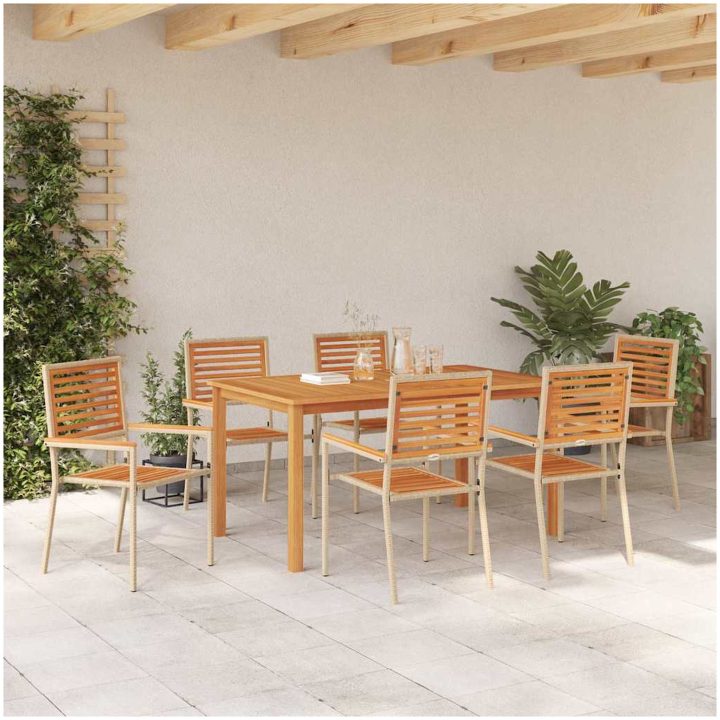 Trädgårdsmatgrupp 7 pcs Beige Plast, Trä vidaXL 150 x 90 x 74 cm – bild 4