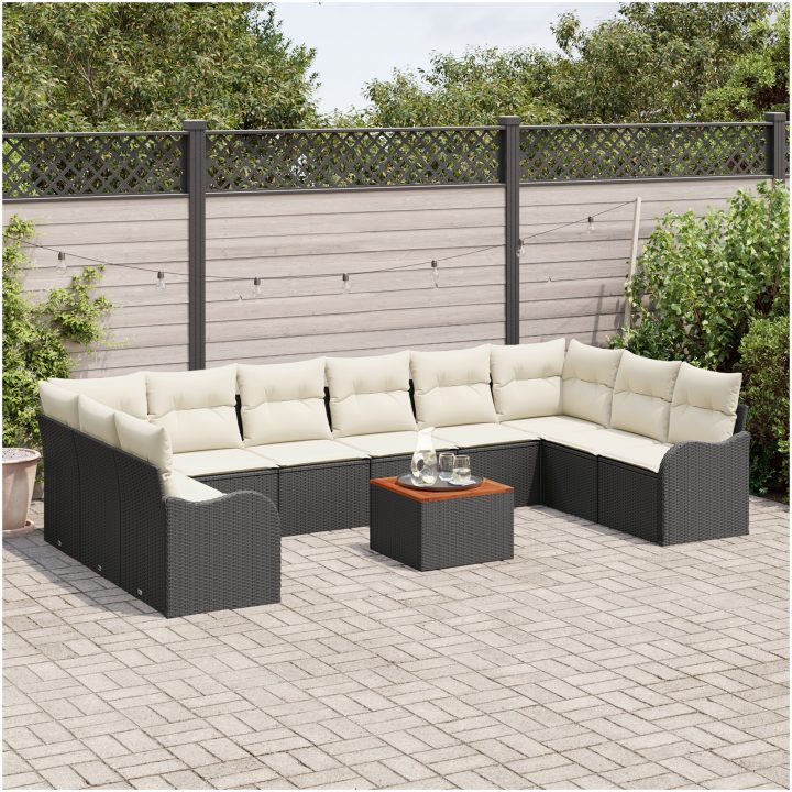 Trädgårdsofa Set 11 pcs Svart, vit Rattans, polyester vidaXL Stor – bild 3