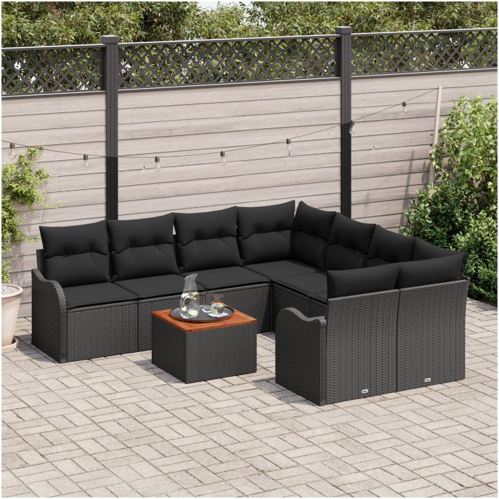 Trädgårdsoffセット 9 pcs Svart Rattan, trä vidaXL Stor – bild 3