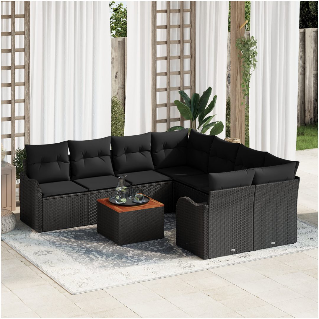 Trädgårdsoffセット 9 pcs Svart Rattan, trä vidaXL Stor