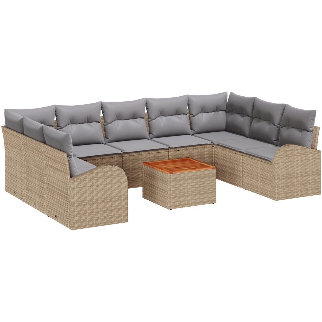 Trädgårdsoff set 10 pcs Beige, ljusgrå Rattan och tyg vidaXL Stor – bild 2