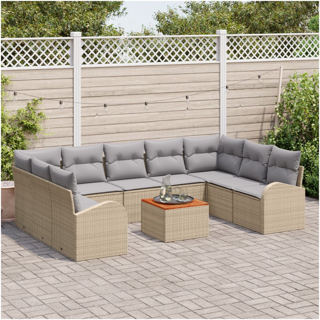 Trädgårdsoff set 10 pcs Beige, ljusgrå Rattan och tyg vidaXL Stor