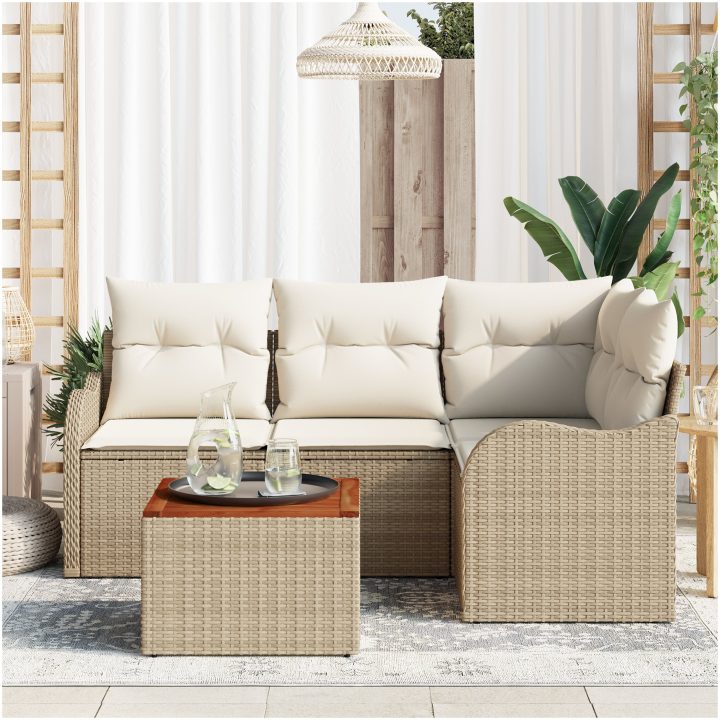 Trädgårdsoff set 5 pcs Beige, vit Rattan och polyester vidaXL Stor – bild 3