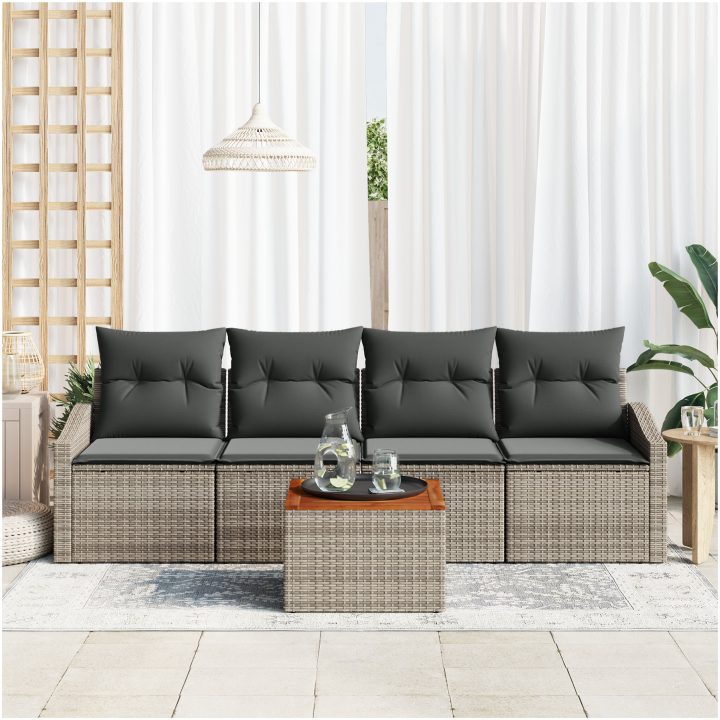 Trädgårdsoff-set 5 pcs Grå Flätad, Trä vidaXL 55 x 55 x 37 cm – bild 3