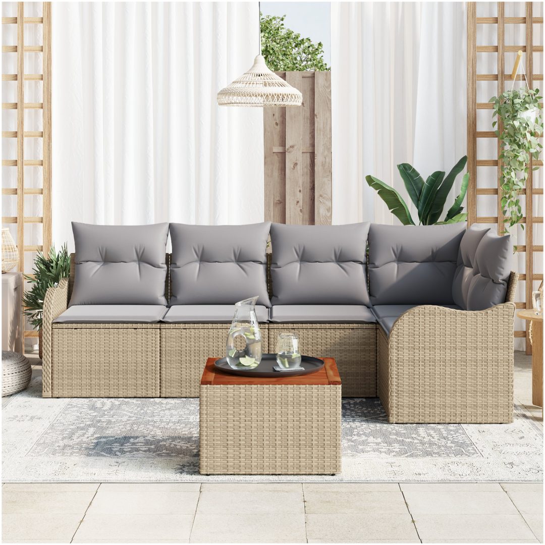 Trädgårdsoff-set 6 pcs Beige, ljusgrå Rattan, polyester vidaXL Stor – bild 3