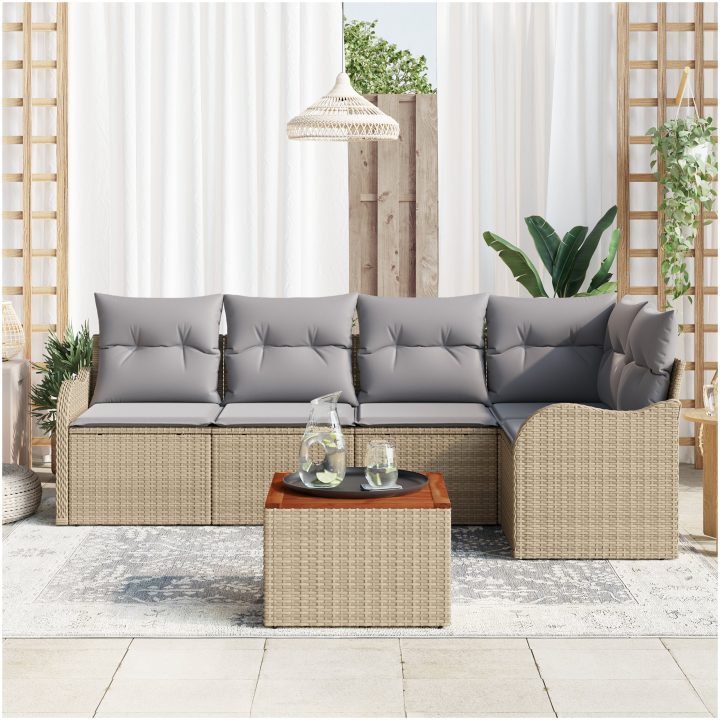 Trädgårdsoff-set 6 pcs Beige, ljusgrå Rattan, polyester vidaXL Stor – bild 3