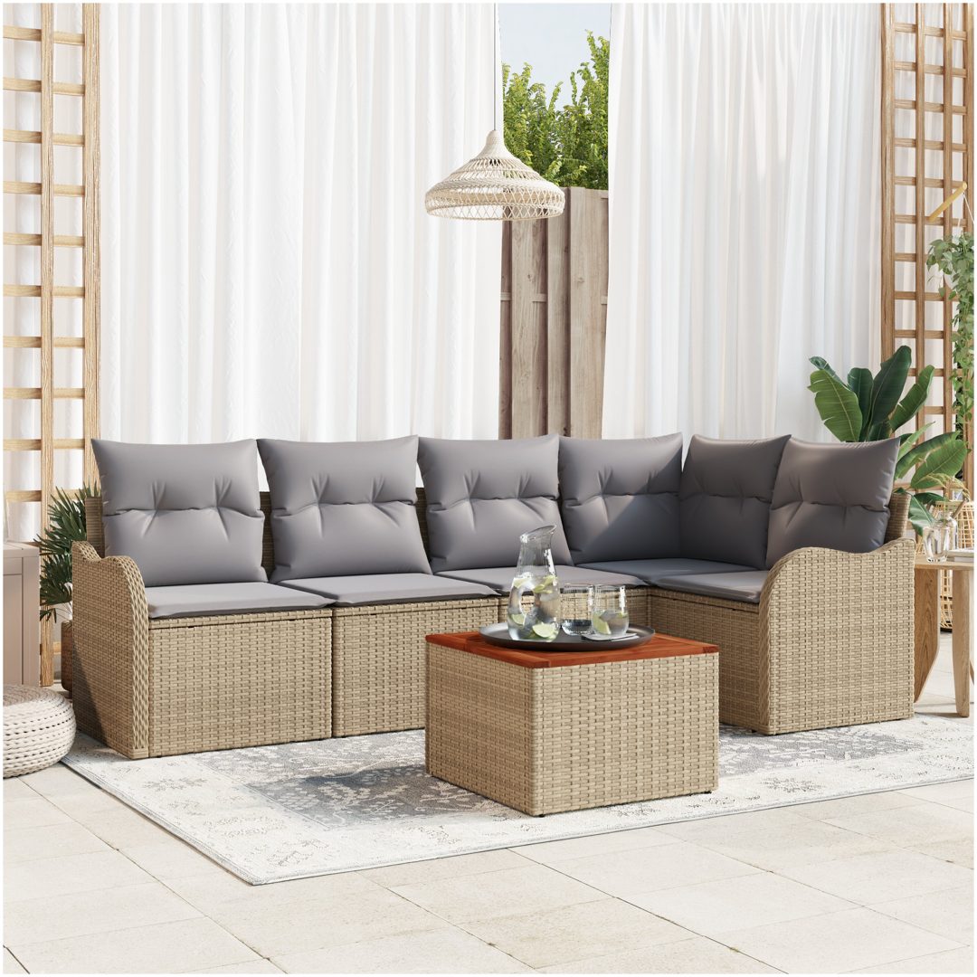 Trädgårdsoff-set 6 pcs Beige, ljusgrå Rattan, polyester vidaXL Stor