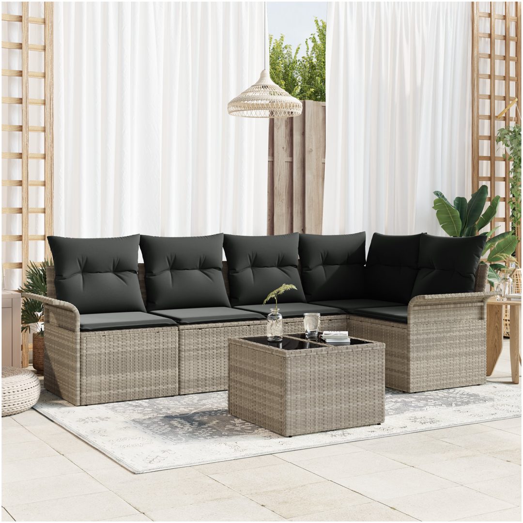 Trädgårdsoff set 6 pcs Grå Rattans, polyester vidaXL 55 x 55 x 37 cm