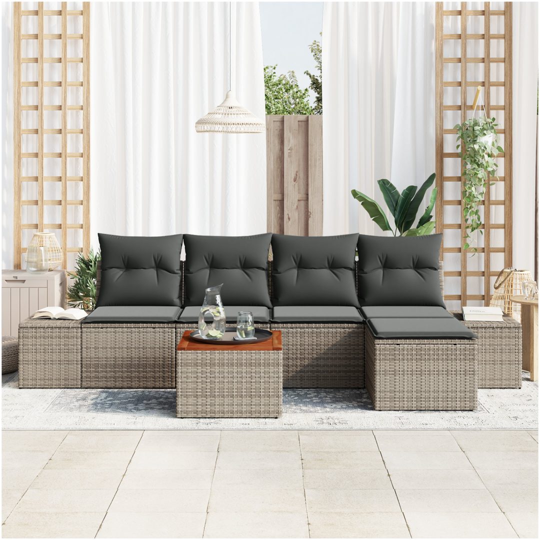 Trädgårdsoff-set 6 pcs Grå Rotting, Polyesterkuddar vidaXL 55 x 55 x 37 cm – bild 3