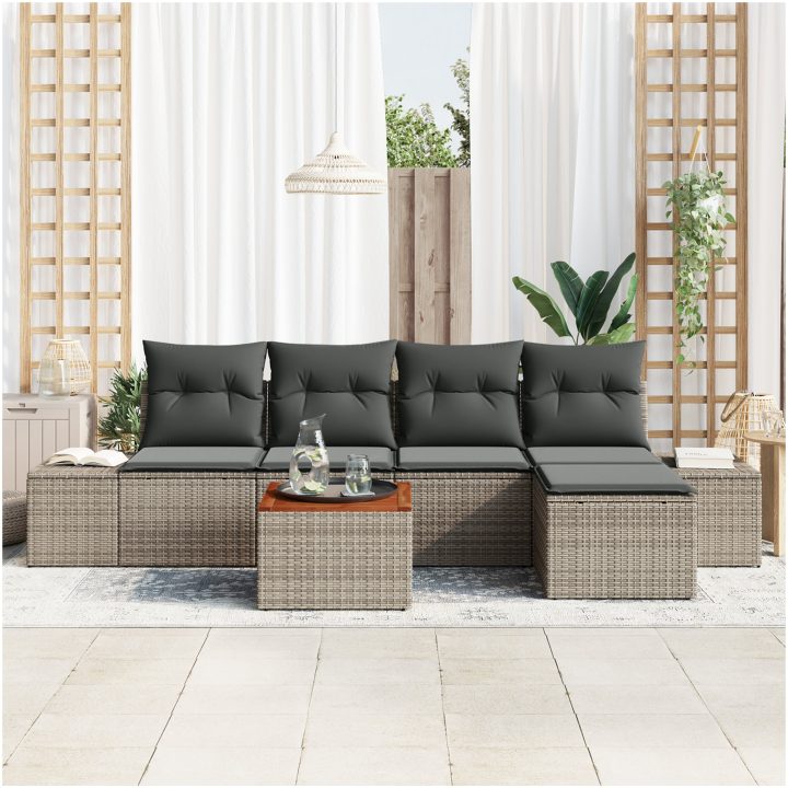 Trädgårdsoff-set 6 pcs Grå Rotting, Polyesterkuddar vidaXL 55 x 55 x 37 cm – bild 3