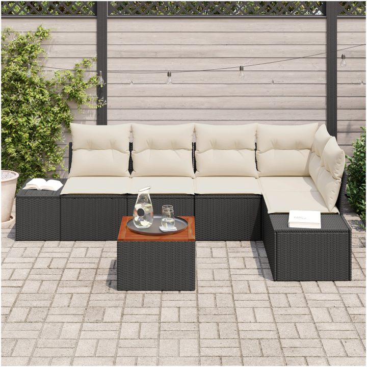 Trädgårdsoff set 6 pcs Svart, vit Rattan och polyester vidaXL 55 x 55 x 37 cm – bild 3