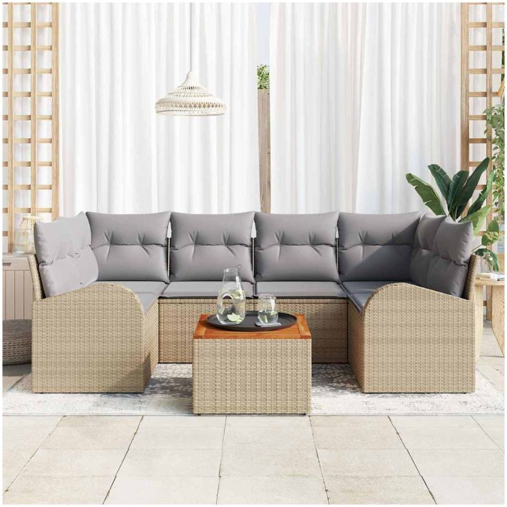 Trädgårdsoff set 7 pcs Beige, ljusgrå Rattans, polyester vidaXL Stor – bild 3