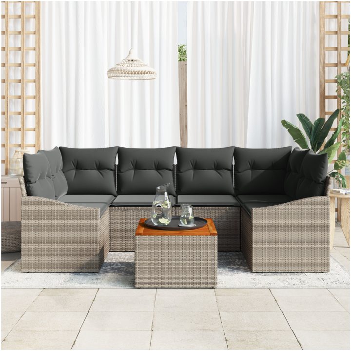 Trädgårdsoff set 7 pcs Grå Poly-rattan, tyg vidaXL 55 x 55 x 37 cm – bild 3