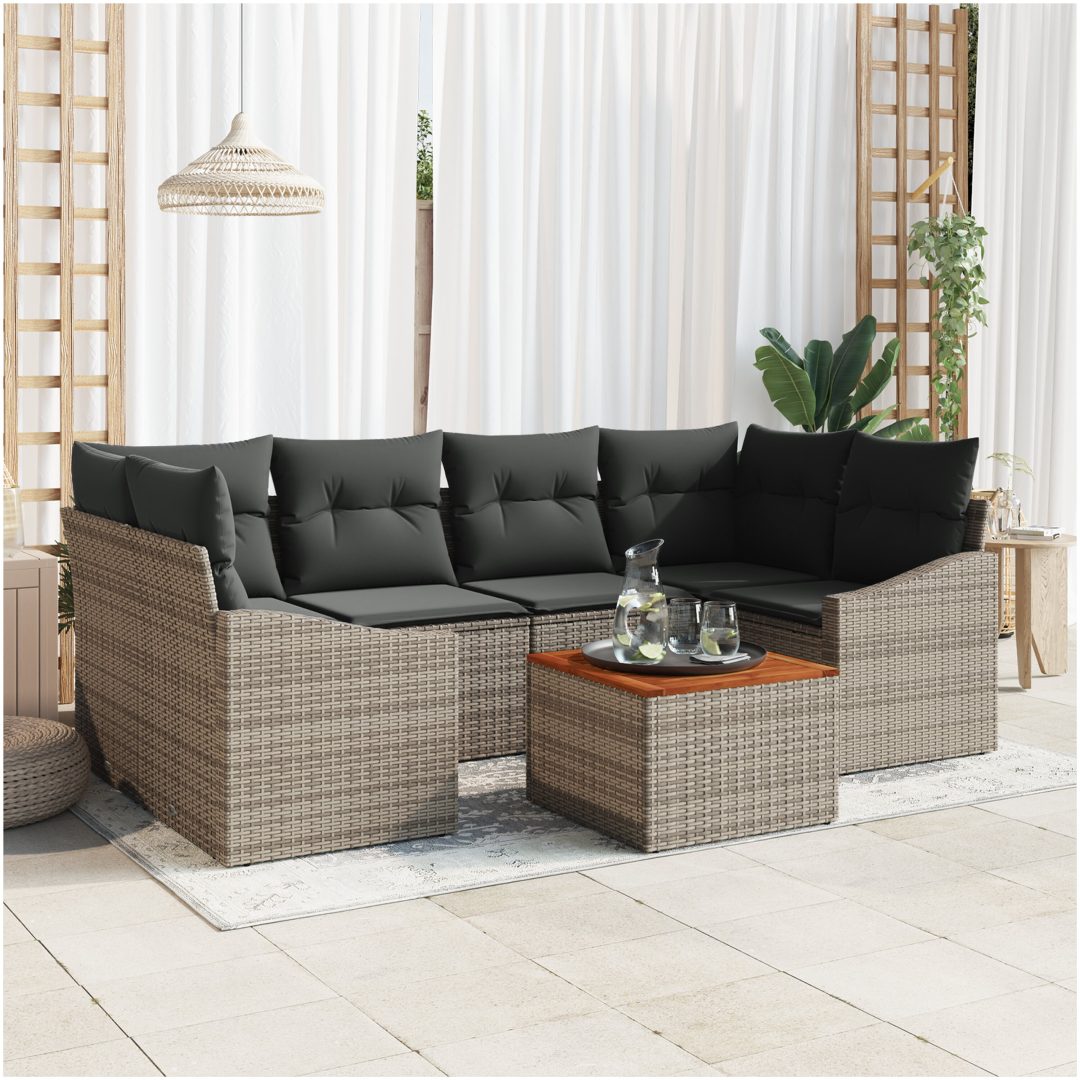 Trädgårdsoff set 7 pcs Grå Poly-rattan, tyg vidaXL 55 x 55 x 37 cm
