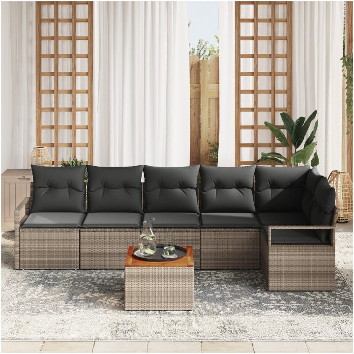 Trädgårdsoff-set 7 pcs Grå Rattan, Tyg vidaXL Stor – bild 3