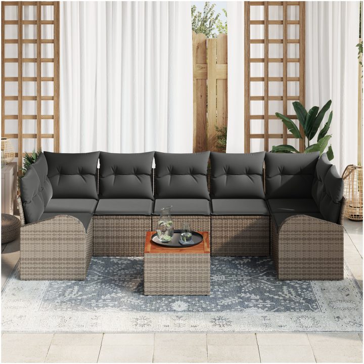 Trädgårdsoff-set 8 pcs Grå Rattan, polyester, trä vidaXL Stort – bild 3