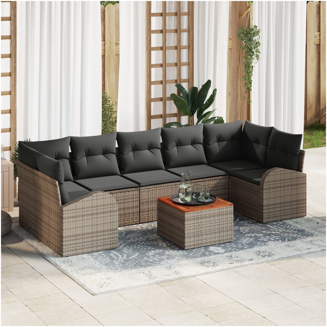 Trädgårdsoff-set 8 pcs Grå Rattan, polyester, trä vidaXL Stort