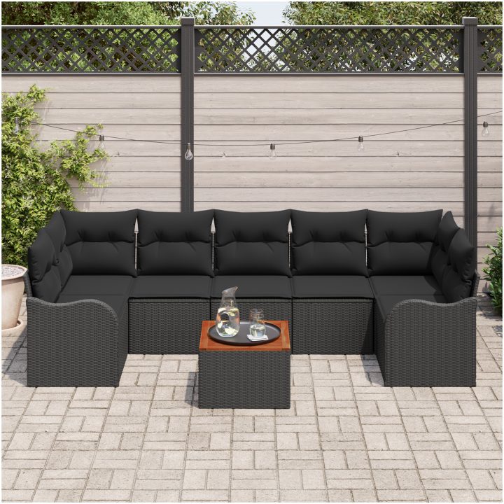 Trädgårdsoff set 8 pcs Svart Poly Rattan, Flätad, Trä vidaXL Stor – bild 3