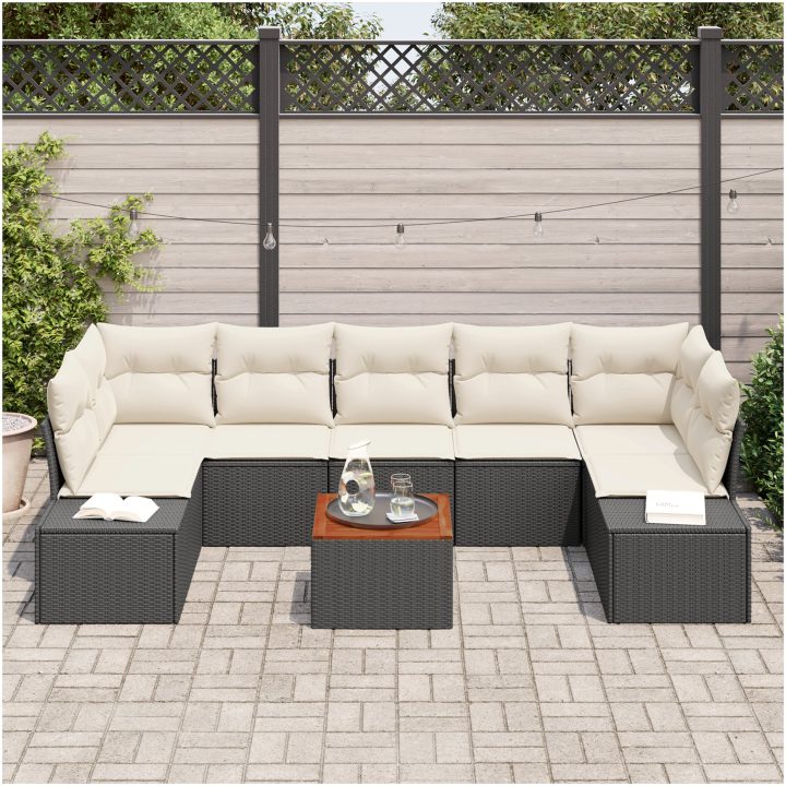 Trädgårdsoff set 8 pcs Svart, vit Rattan, Tyg vidaXL 55 x 55 x 37 cm – bild 3