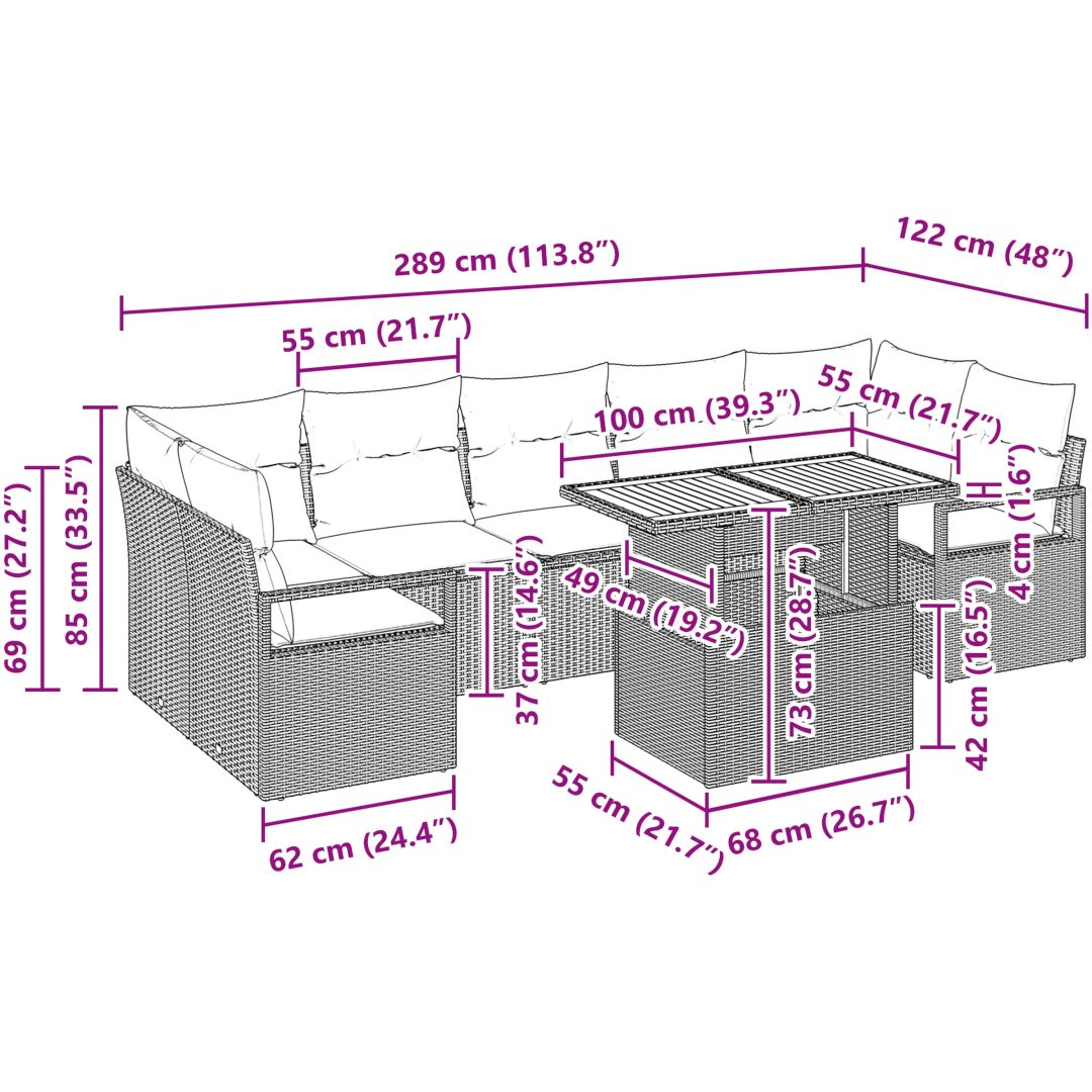 Trädgårdsoff-set med kudde 8 pcs Beige och Grå Rotting vidaXL Stor – bild 11