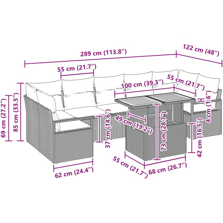 Trädgårdsoff-set med kudde 8 pcs Beige och Grå Rotting vidaXL Stor – bild 11