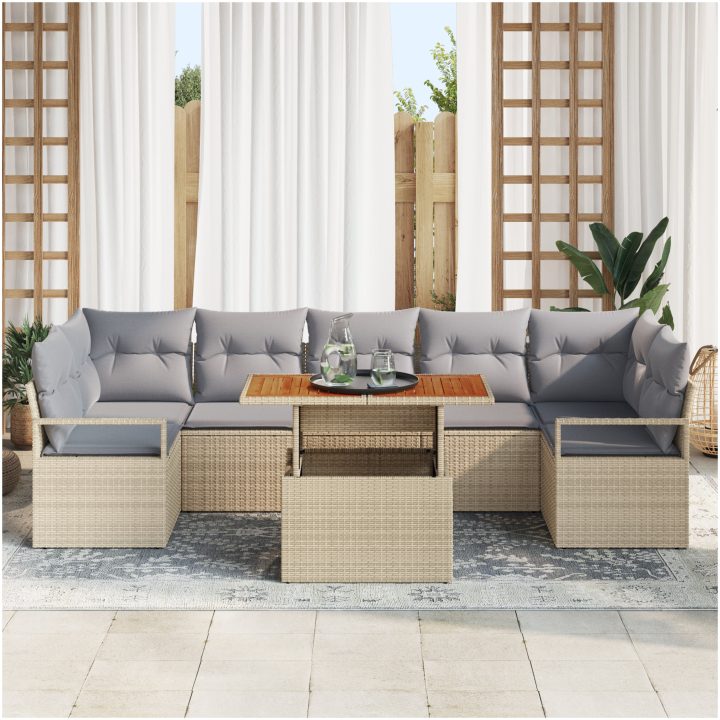 Trädgårdsoff-set med kudde 8 pcs Beige och Grå Rotting vidaXL Stor – bild 3