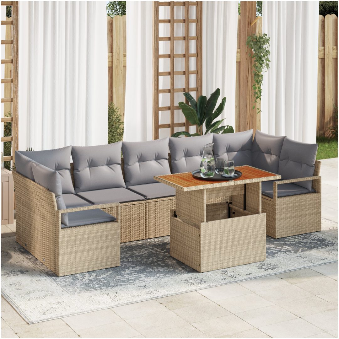 Trädgårdsoff-set med kudde 8 pcs Beige och Grå Rotting vidaXL Stor