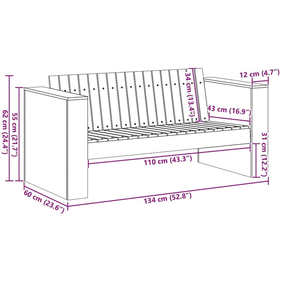 Trädgårdsoffa 2-sits Massivt tallträ vidaXL 134 x 60 x 62 cm – bild 10