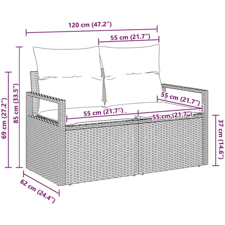 Trädgårdsoffa för 2 med förvaring och dynor Grå Polyrotting vidaXL 120 x 62 x 69 cm – bild 8