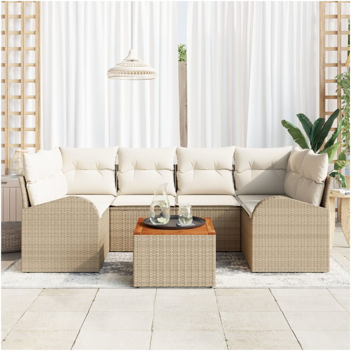 Trädgårdsoffa Set 7 pcs Beige, vit Rattan, trä vidaXL 5 - Sits – bild 3