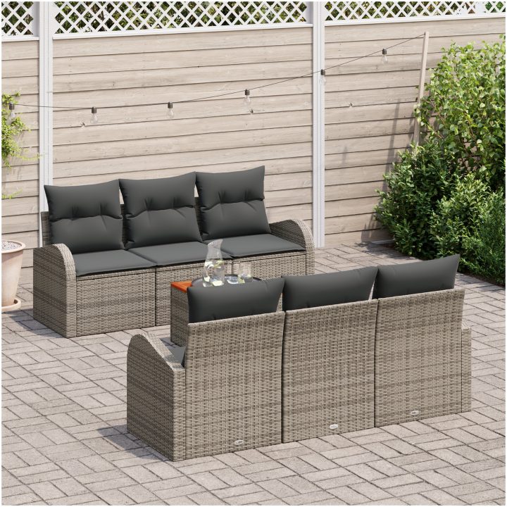 Trädgårdsoffa set 7 pcs Grå Poly Rattan, Tyg vidaXL Stor – bild 3
