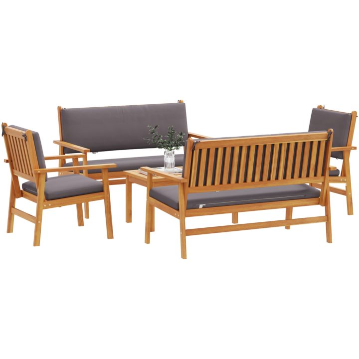 Trädgårdsoffa-set med dynor 5 delar massivt akaciaträ vidaXL Soffbord: 75x45x38 cm, bänk: 120x64x76 cm – bild 3