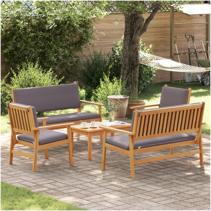 Trädgårdsoffa-set med dynor 5 delar massivt akaciaträ vidaXL Soffbord: 75x45x38 cm, bänk: 120x64x76 cm – bild 4