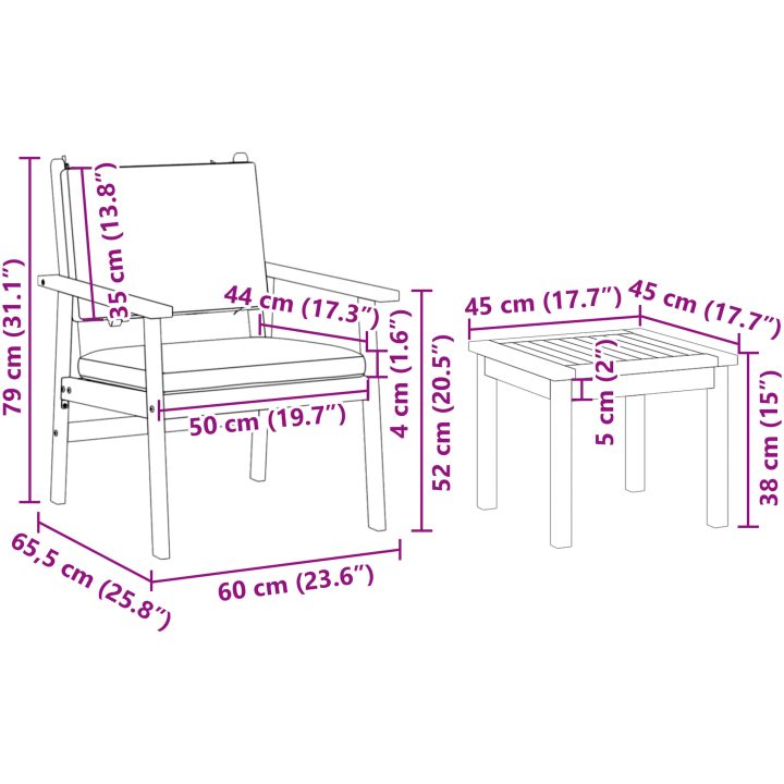 Trädgårdsoffa-set med dynor 6 delar massivt akaciaträ vidaXL Stol, 60x64x78.5 cm, sidobord, 45x45x38 cm – bild 10