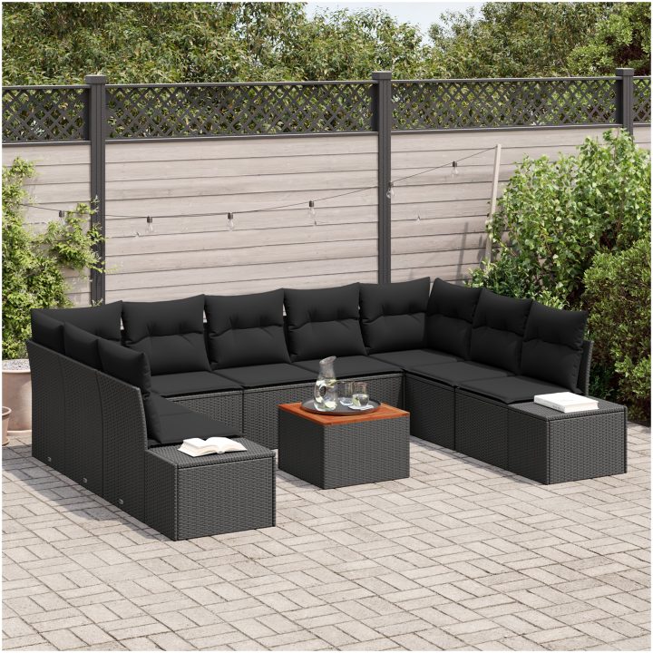 Trädgårdsoffagrupp 10 pcs Svart Rotting & Träram vidaXL 55 x 55 x 37 cm – bild 3