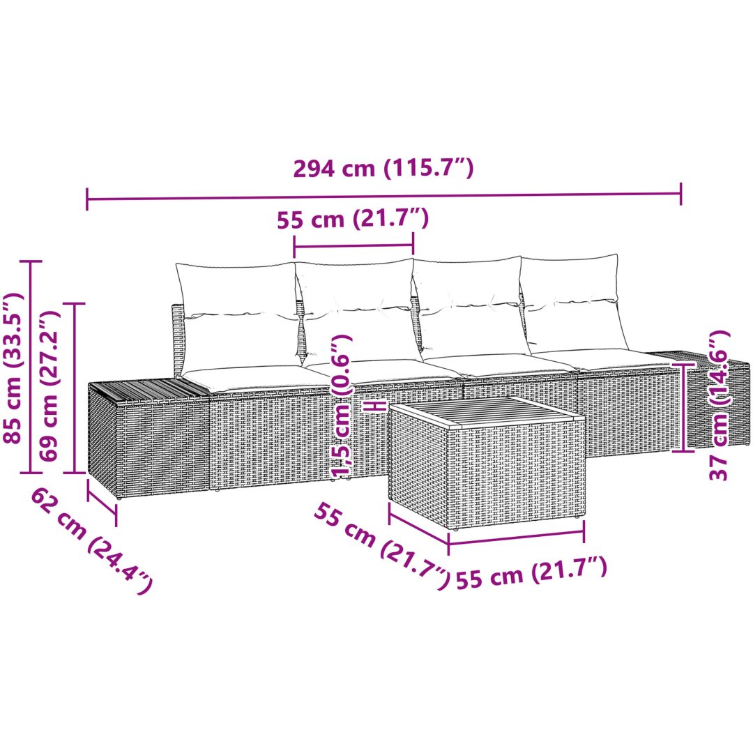 Trädgårdsoffagrupp 5 pcs Beige, ljusgrå Rotting vidaXL 55 x 55 x 37 cm – bild 11