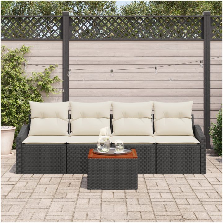 Trädgårdsoffagrupp 5 pcs Svart, vit Rattan, tyg vidaXL 55 x 55 x 37 cm – bild 3