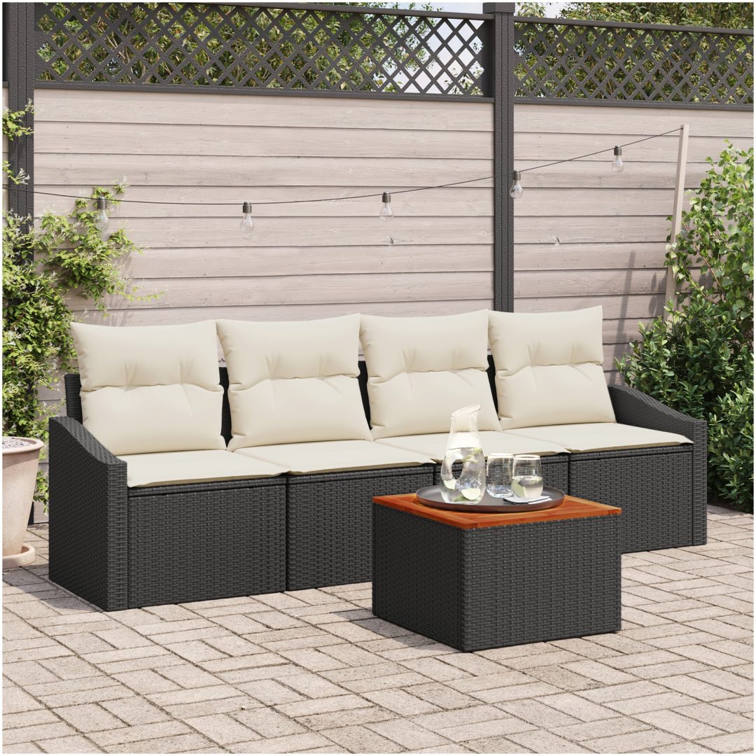 Trädgårdsoffagrupp 5 pcs Svart, vit Rattan, tyg vidaXL 55 x 55 x 37 cm
