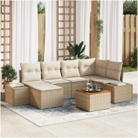 Trädgårdsoffagrupp 7 pcs Beige och vit Rattan och tyg vidaXL