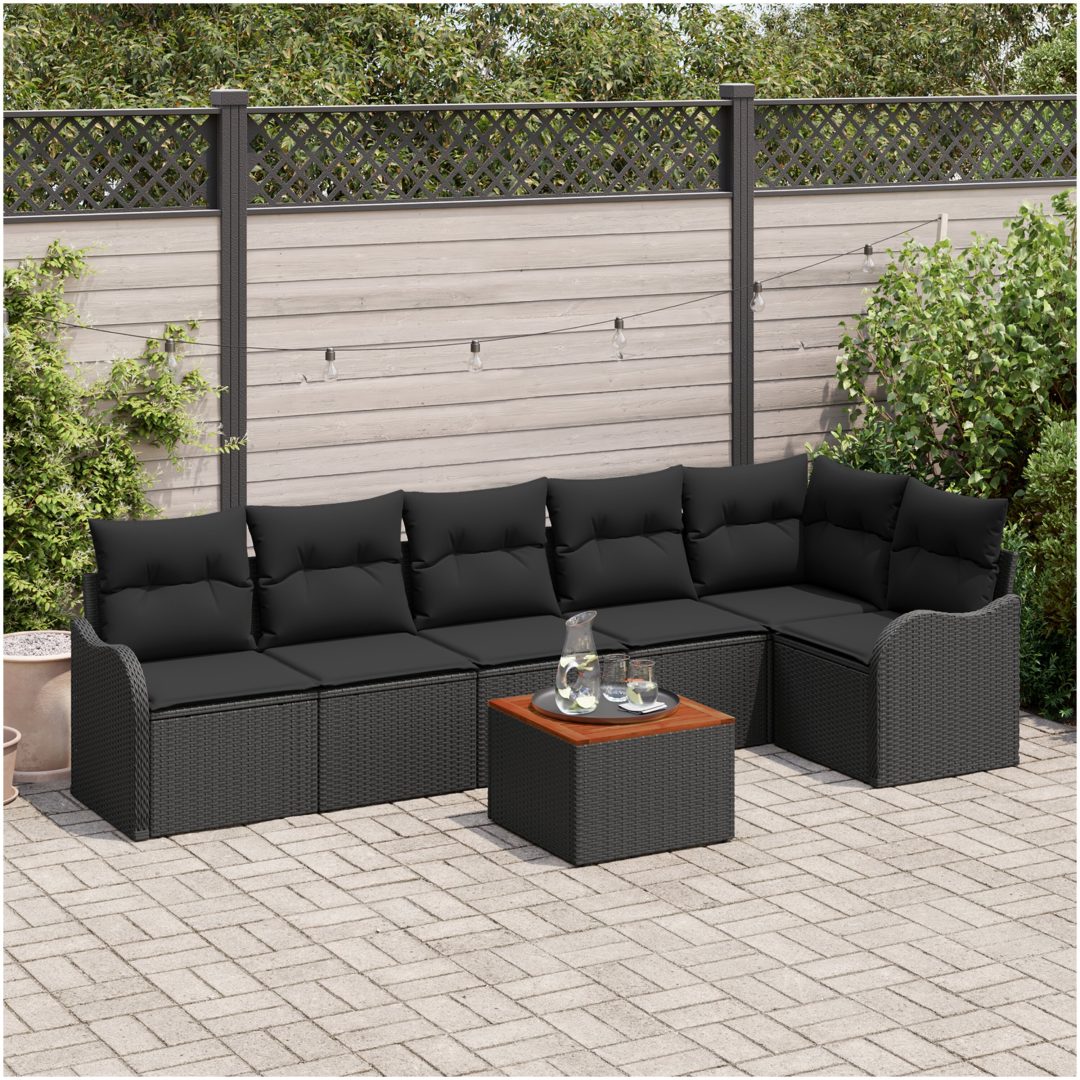 Trädgårdsoffagrupp 7 pcs Svart Rattan, trä vidaXL Stor