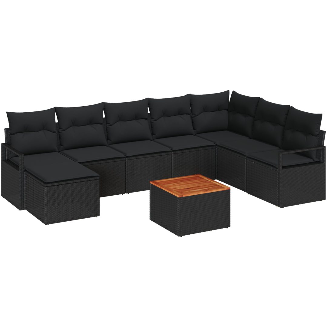 Trädgårdsoffagrupp 9 pcs Svart Poly Rattan, Trä vidaXL Stor – bild 2