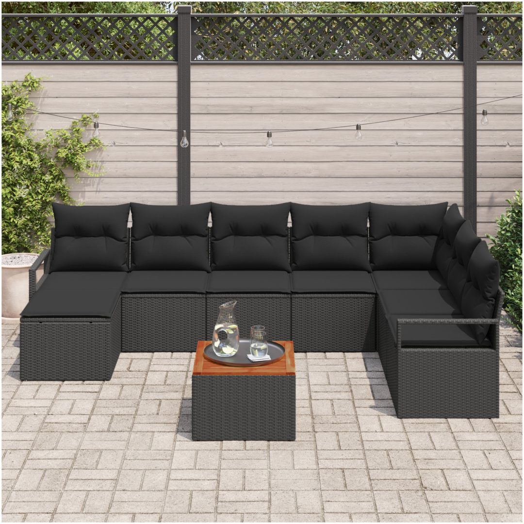 Trädgårdsoffagrupp 9 pcs Svart Poly Rattan, Trä vidaXL Stor – bild 3