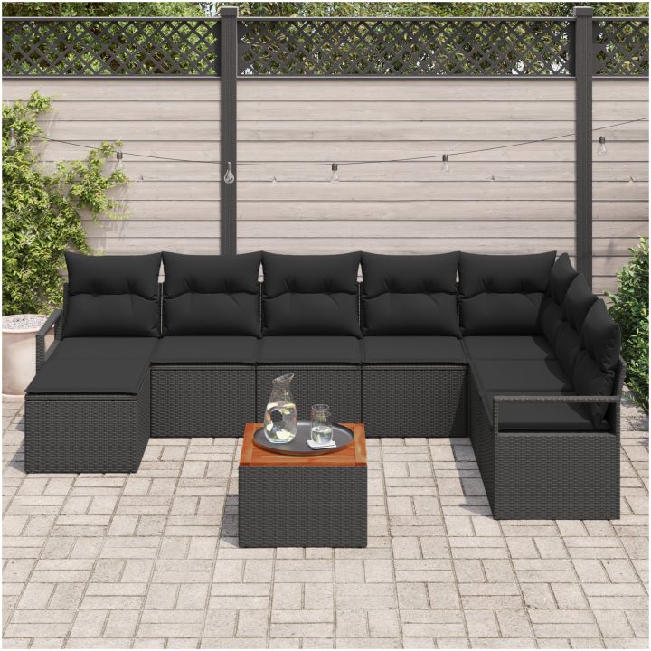 Trädgårdsoffagrupp 9 pcs Svart Poly Rattan, Trä vidaXL Stor – bild 3