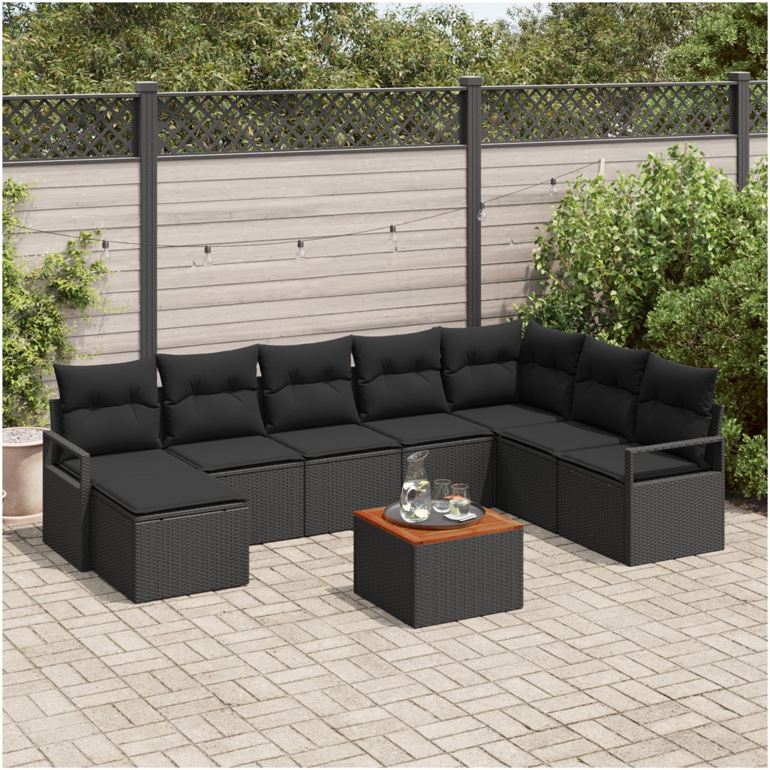 Trädgårdsoffagrupp 9 pcs Svart Poly Rattan, Trä vidaXL Stor
