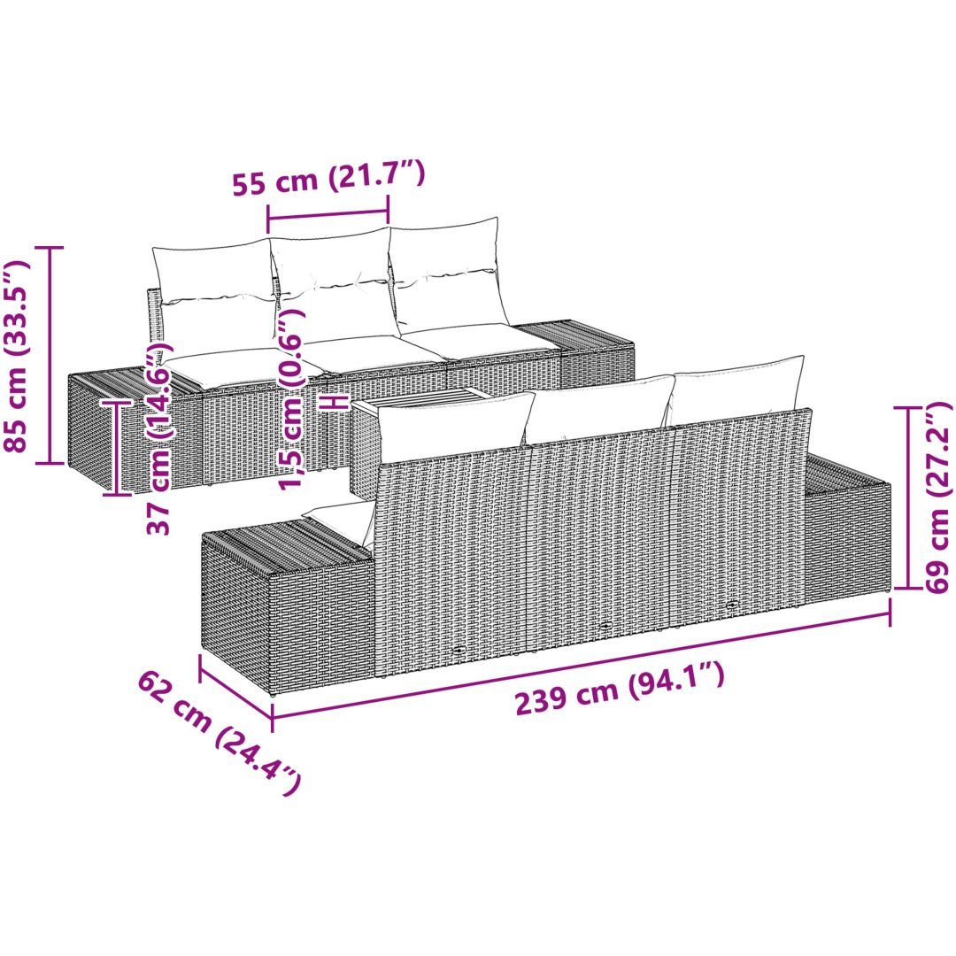 Trädgårdsoffas 7 pcs Grå Rattans, polyester vidaXL 55 x 55 x 37 cm – bild 10