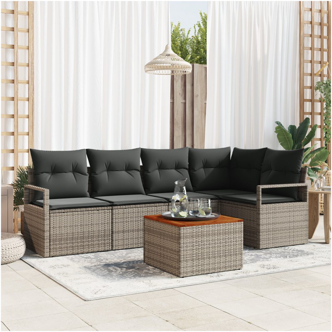 Trädgårdsoffasats 6 pcs Grå Rattan, Polyester, Stål vidaXL Stor