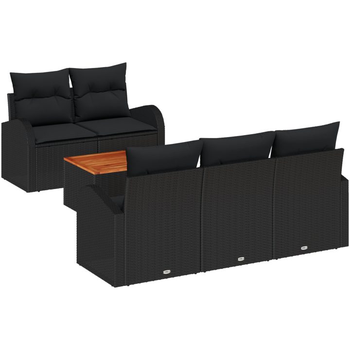 Trädgårdsoffaset 6 pcs Svart Poly Rattan, Trä vidaXL Stor – bild 2