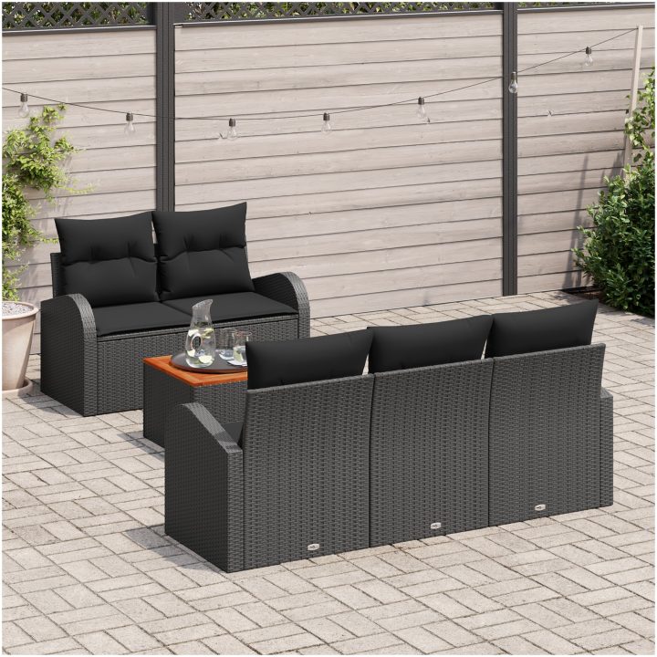 Trädgårdsoffaset 6 pcs Svart Poly Rattan, Trä vidaXL Stor – bild 3