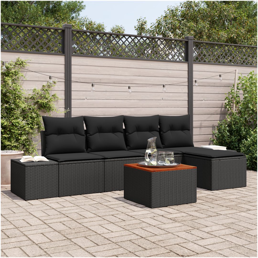 Trädgårdsoffaset 6 pcs Svart Rattan, trä vidaXL 55 x 55 x 37 cm